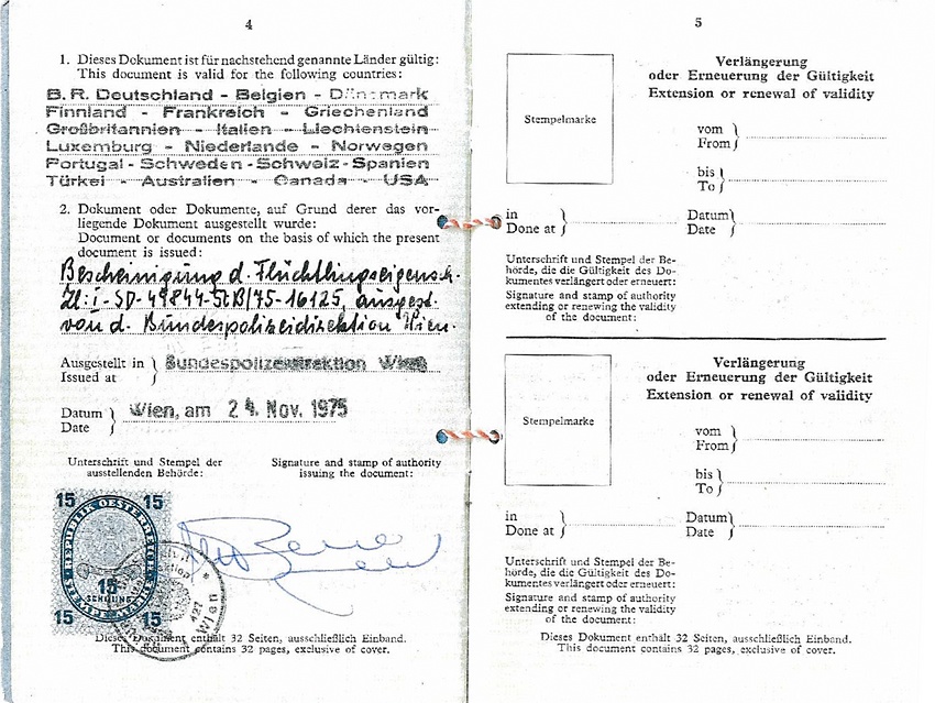 Az úti okmány 4. oldalán fel van sorolva azon húsz ország neve németül, amelyek abban az időben ratifikálói voltak az 1951-es Menekültügyi Egyezménynek